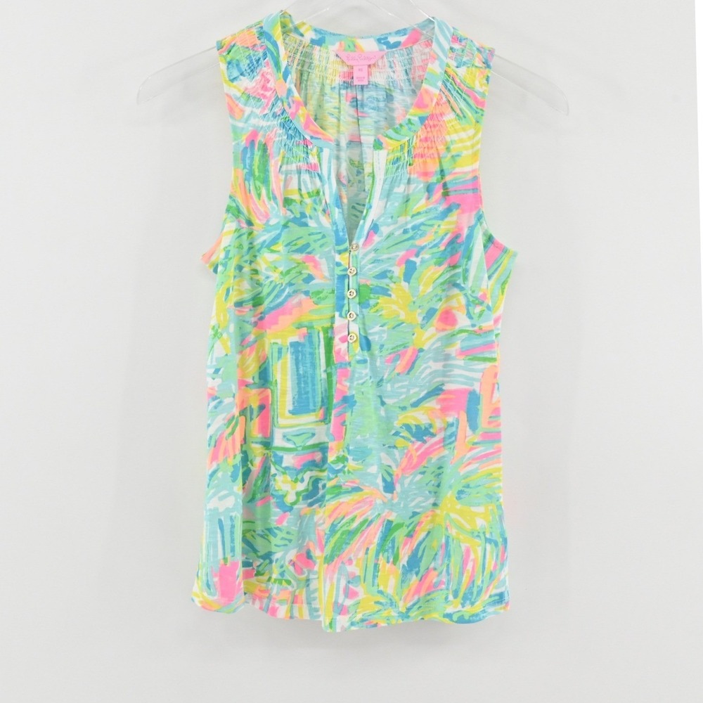 Lilly Pulitzer Essie Tank Top Womens Size XS Sea Salt Sun Green Pink Tropical